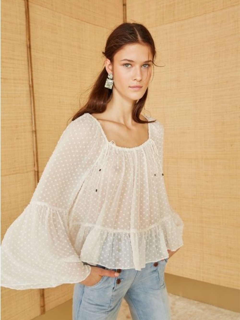 Ulla Johnson White Silk Swiss Dot Ruffle Bell Sleeve Blouse Size 0